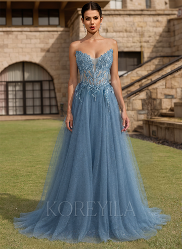Ball-Gown/Princess V-Neck Sweep Train Tulle Prom Dresses With Beading Sequins