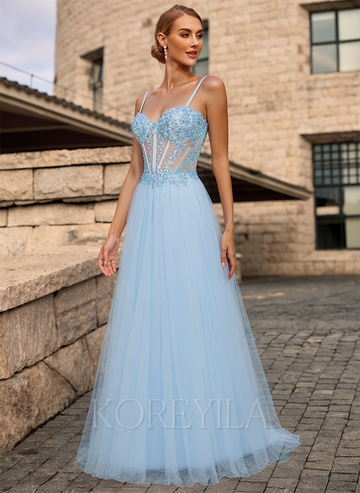 A-line V-Neck Floor-Length Lace Tulle Maxi Dresses With Sequins