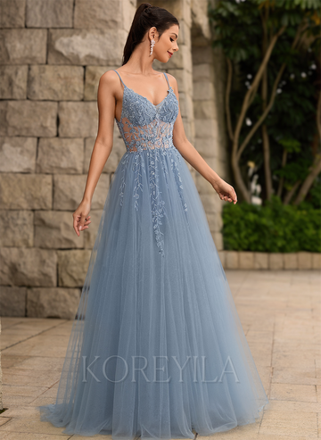 A-line V-Neck Floor-Length Tulle Lace Maxi Dresses With Sequins