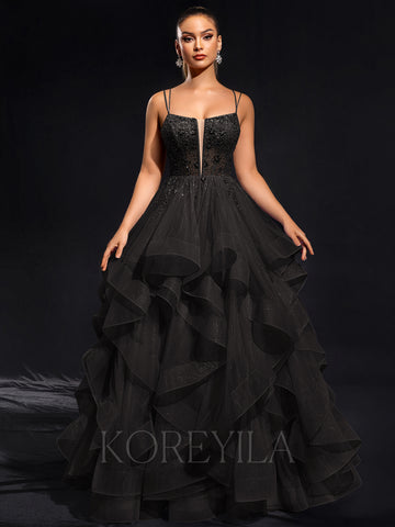 Ball-Gown/Princess Scoop Floor-Length Tulle Maxi Dresses With Rhinestone Beading