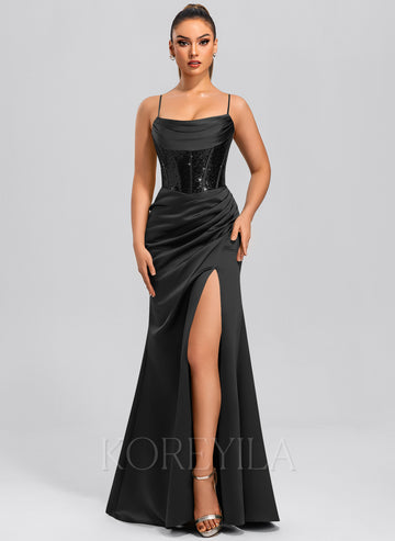 Sheath/Column Cowl Floor-Length Sequin Satin Maxi Dresses With Sequins