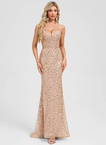 Trumpet/Mermaid V-Neck Sweep Train Sequin Prom Dresses With Sequins