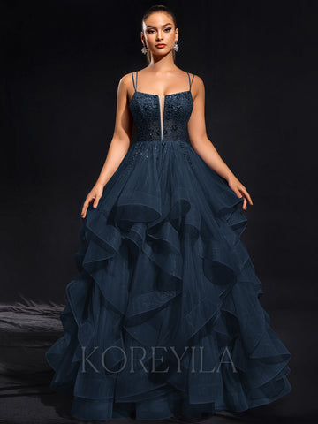 Ball-Gown/Princess Scoop Floor-Length Tulle Maxi Dresses With Rhinestone Beading