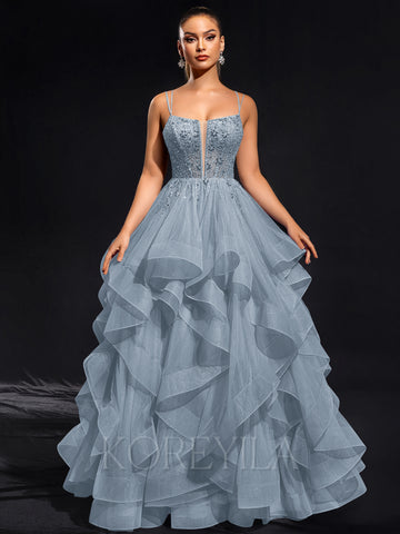 Ball-Gown/Princess Scoop Floor-Length Tulle Maxi Dresses With Rhinestone Beading