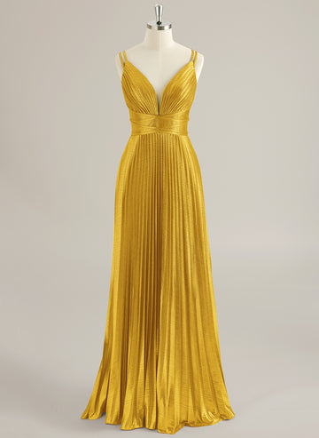 A-line V-Neck Floor-Length Jersey Prom Dresses With Pleated
