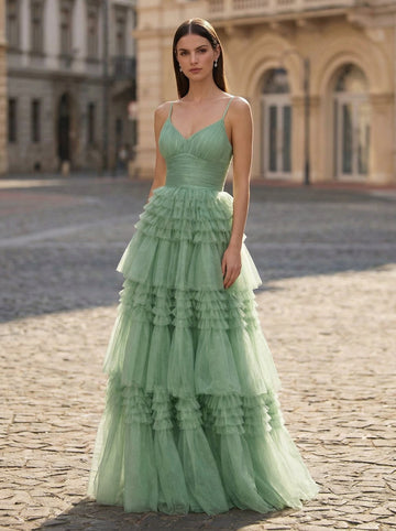 Ball-Gown/Princess Spaghetti Straps Floor-Length Tulle Prom Dress With Pleated