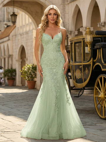 Sleeveless V-Neck Sequins Tulle Trumpet/Mermaid Maxi Dress