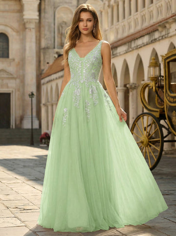 Sleeveless V-Neck Sequins Tulle Ball-Gown/Princess Maxi Dress