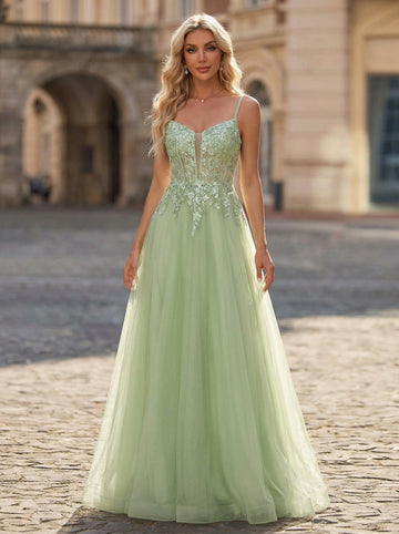 Spaghetti Straps V-Neck Embroidered Sequins Tulle A-line Maxi Dress