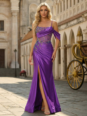 Spaghetti Straps Scoop Corset Sequins Jersey Trumpet/Mermaid Maxi Dress With Leg Slit