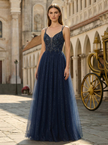Ball-Gown/Princess V-Neck Sweep Train Tulle Prom Dresses With Rhinestone Beading Sequins