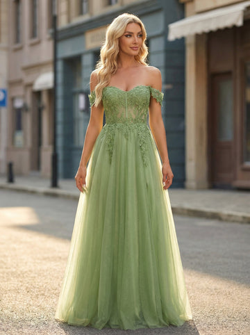 A-line Off the Shoulder Sweep Train Tulle Prom Dresses With Sequins Appliques Lace Beading