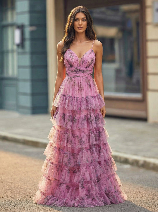 Ball-Gown/Princess V-Neck Sweep Train Tulle Maxi Dresses With Cascading Ruffles Pleated
