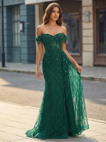 Trumpet/Mermaid Off the Shoulder Sweep Train Sequin Maxi Dresses With Sequins