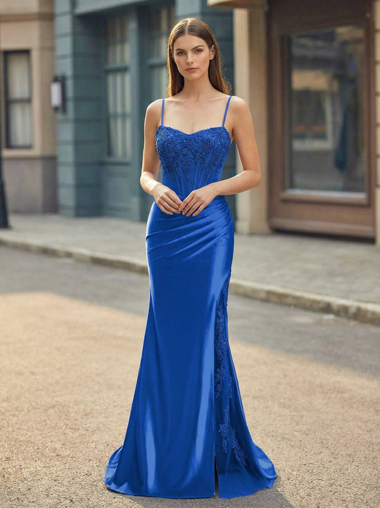 Trumpet/Mermaid V-Neck Sweep Train Silky Satin Prom Dresses With Appliques Lace Beading