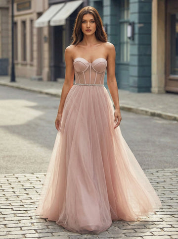 Ball-Gown/Princess Sweetheart Sweep Train Tulle Maxi Dresses With Rhinestone