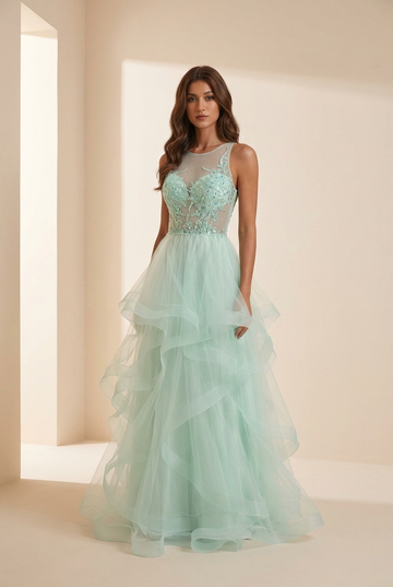 Ball-Gown/Princess Illusion Floor-Length Tulle Prom Dresses With Sequins Beading