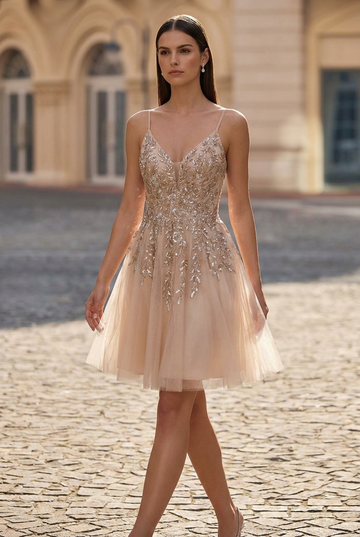 A-line V-Neck Short Tulle Homecoming Dress With Beading Sequins
