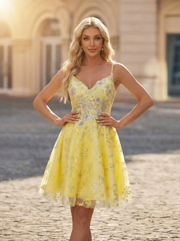 A-line Spaghetti Straps Short Lace Homecoming Dress With Sequins