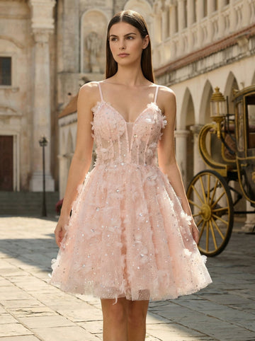 Ball-Gown/Princess V-Neck Short Tulle Homecoming Dress With Beading 3D Floral Sequins