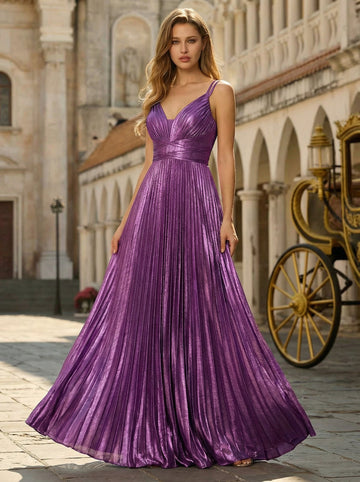 A-line V-Neck Floor-Length Jersey Prom Dresses With Pleated