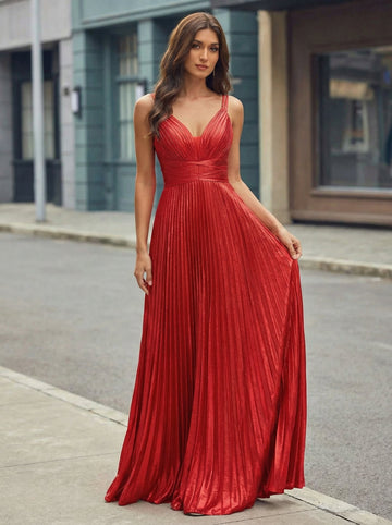 A-line V-Neck Floor-Length Jersey Prom Dresses With Pleated