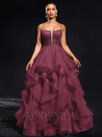 Ball-Gown/Princess Scoop Floor-Length Tulle Maxi Dresses With Rhinestone Beading