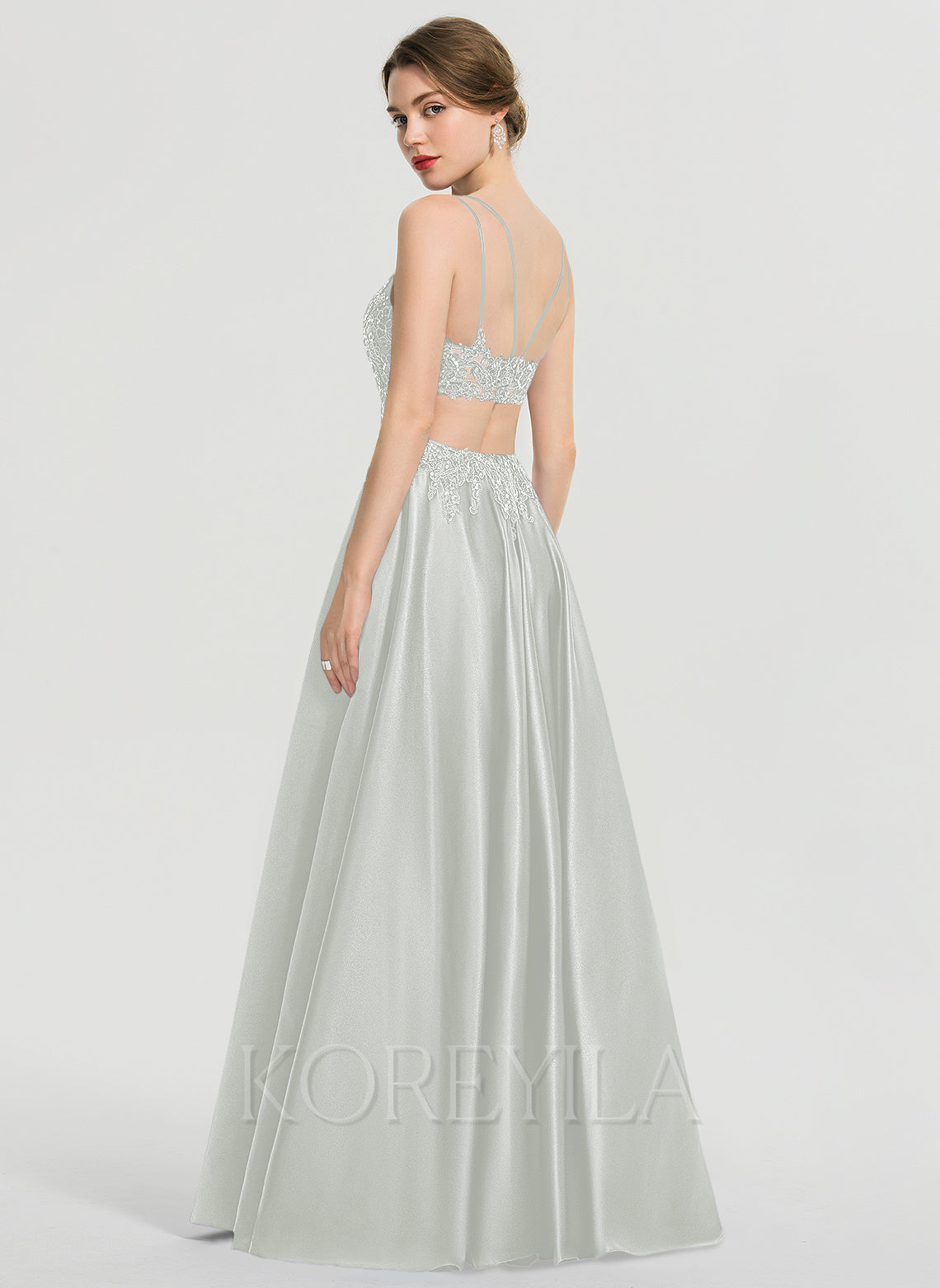 Ball-Gown/Princess V-Neck Floor-Length Satin Lace Prom Dresses With Se