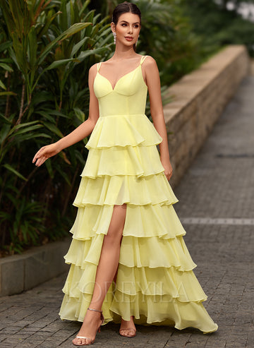 V-Neck Ruffled Tiered Chiffon Ball-Gown Maxi Dress With Slit