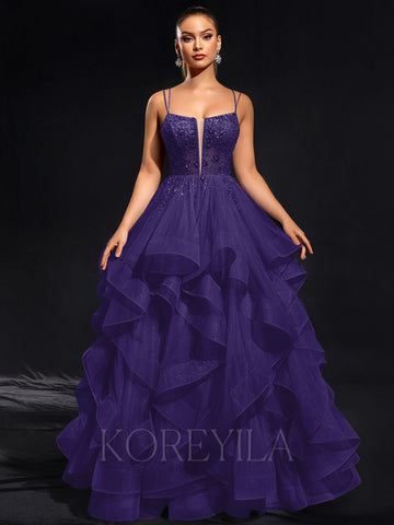 Ball-Gown/Princess Scoop Floor-Length Tulle Maxi Dresses With Rhinestone Beading