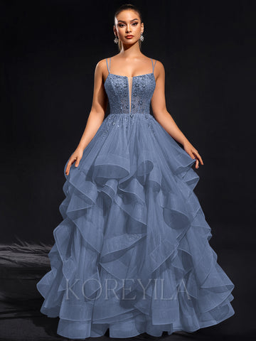Ball-Gown/Princess Scoop Floor-Length Tulle Maxi Dresses With Rhinestone Beading