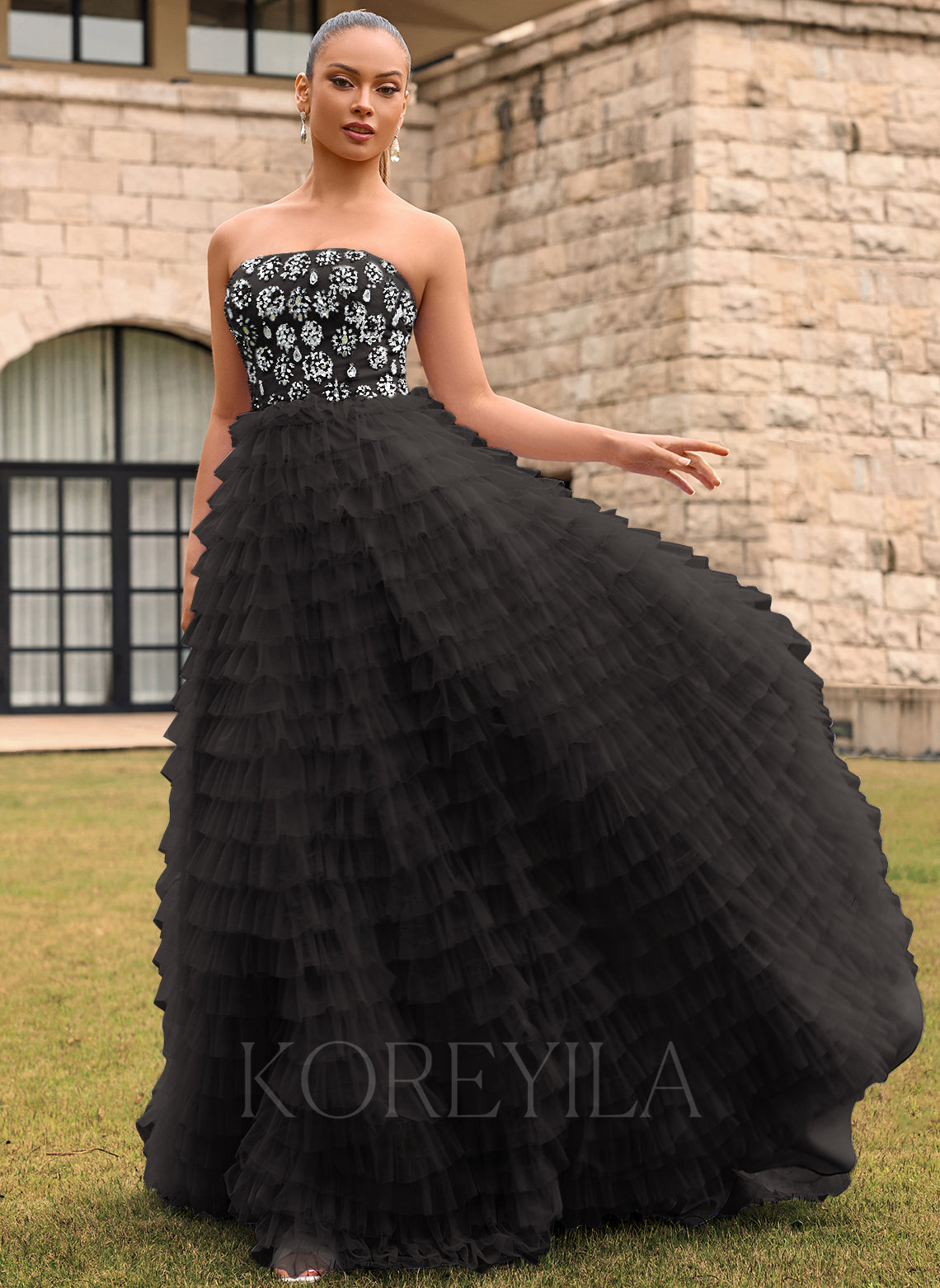 Tiered Ruffled Tulle Ball-Gown Maxi Dress With Beading Rhinestone
