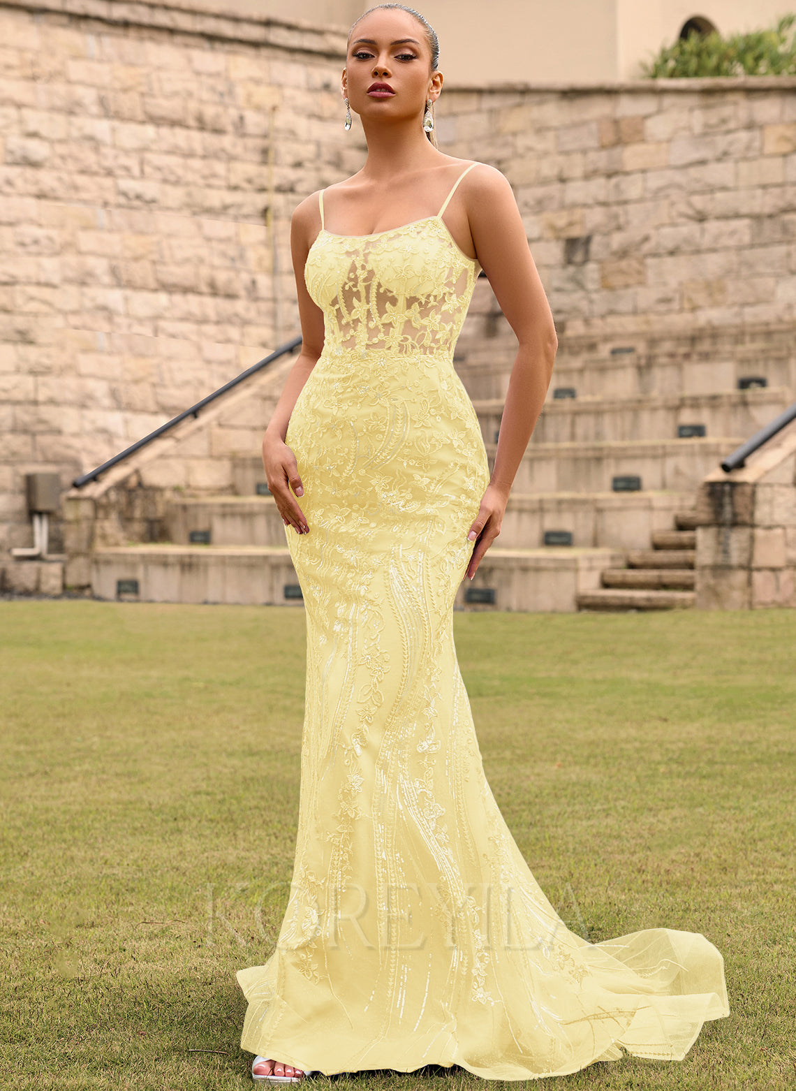 Lace Up Back Floral Lace Corset Mermaid Maxi Dress With Sequins main image 0