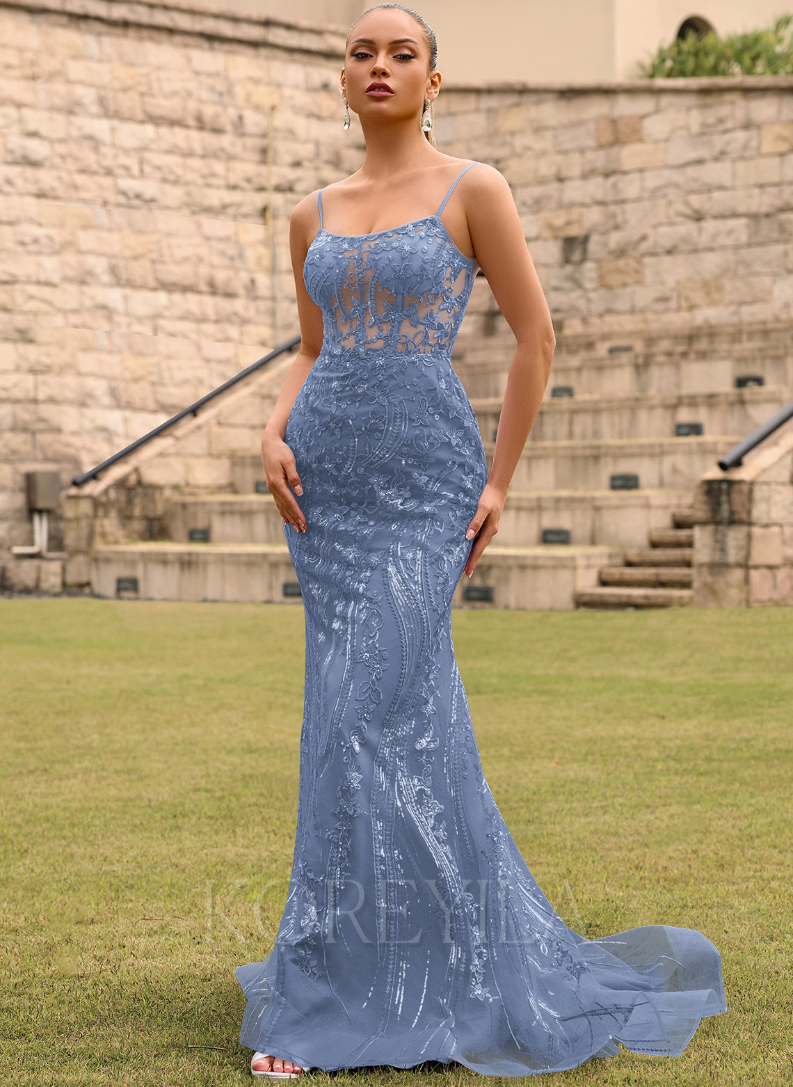 Lace Up Back Floral Lace Corset Mermaid Maxi Dress With Sequins – KOREYILA