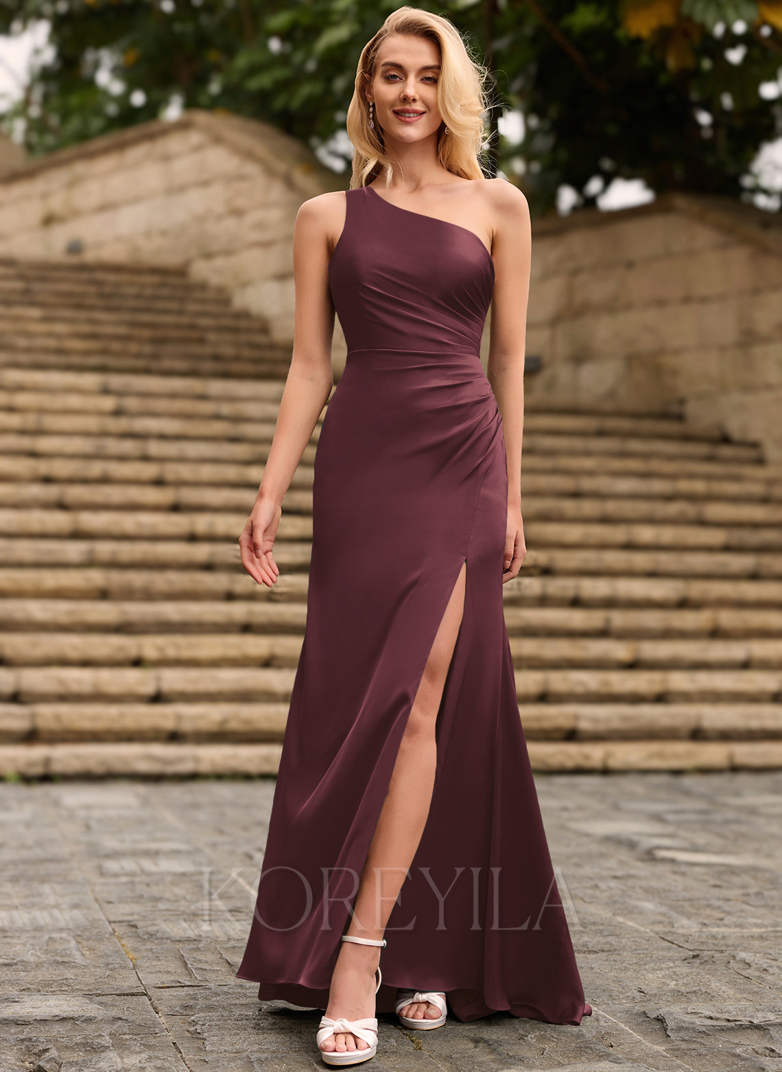 Keyhole Back One Shoulder Ruched Satin Mermaid Maxi Dress With Slit main image 1