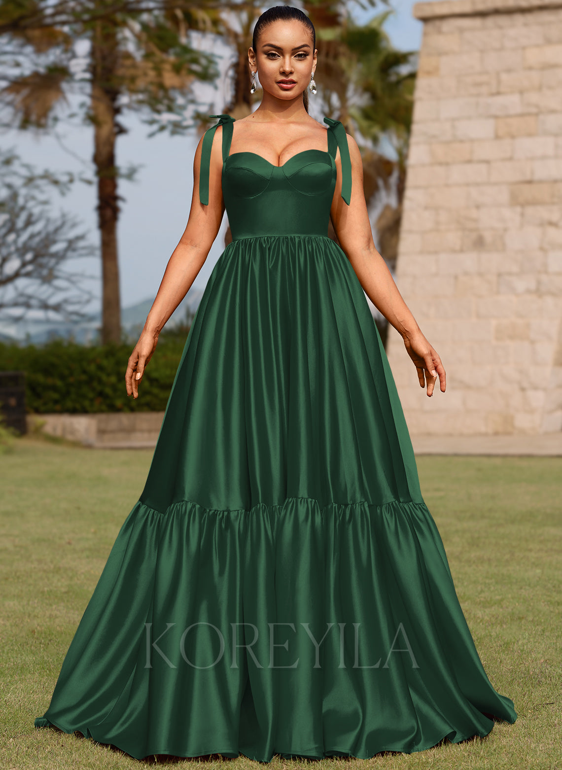 Bow Straps Sweetheart Ruched Satin Ball-Gown Maxi Dress main image 0