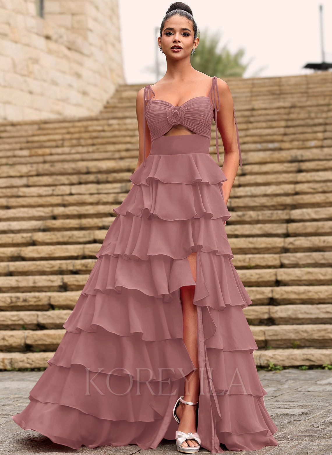 Rosette Sweetheart Ruffled Tiered Chiffon Maxi Dress With Cutout Slit