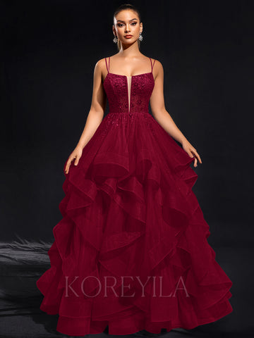 Ball-Gown/Princess Scoop Floor-Length Tulle Maxi Dresses With Rhinestone Beading