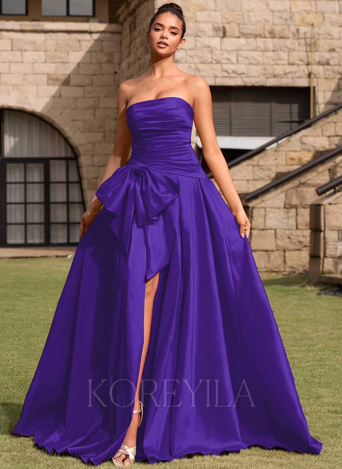 Strapless Bow Ruched Taffeta Ball-Gown Maxi Dress With Slit main image 0