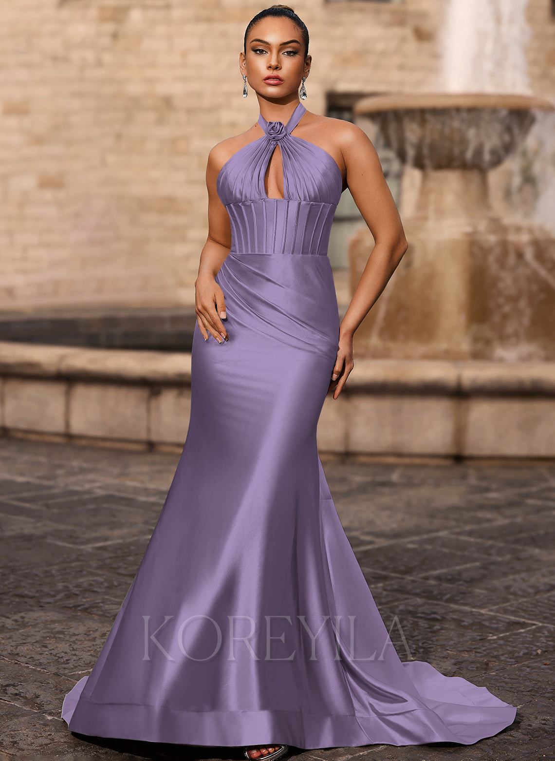 Open Back Halter V-Neck Corset Ruched Mermaid Maxi Dress With Slit