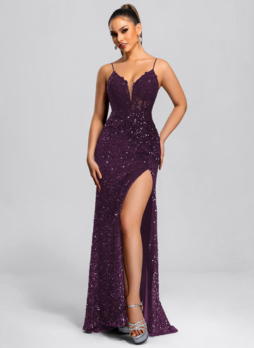 Trumpet/Mermaid V-Neck Sweep Train Sequin Maxi Dresses With Sequins Appliques Lace