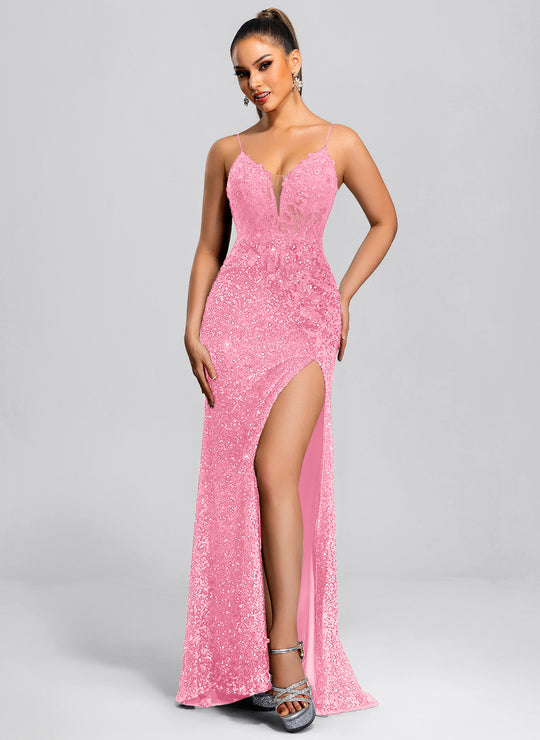Trumpet/Mermaid V-Neck Sweep Train Sequin Maxi Dresses With Sequins Appliques Lace