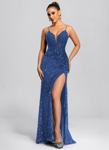 Trumpet/Mermaid V-Neck Sweep Train Sequin Maxi Dresses With Sequins Appliques Lace