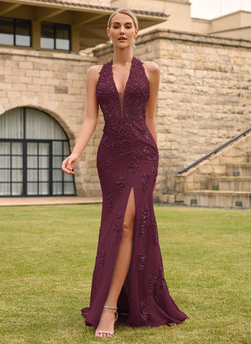 Open Back Halter V-Neck Lace Corset Mermaid Maxi Dress With Beading Slit