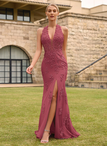 Open Back Halter V-Neck Lace Corset Mermaid Maxi Dress With Beading Slit