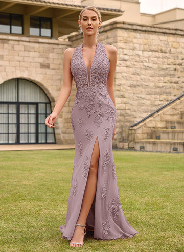 Open Back Halter V-Neck Lace Corset Mermaid Maxi Dress With Beading Slit