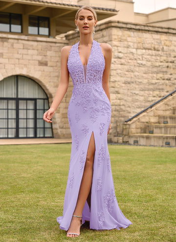 Open Back Halter V-Neck Lace Corset Mermaid Maxi Dress With Beading Slit