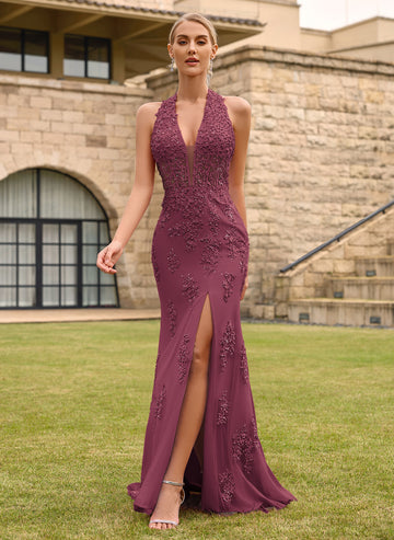 Open Back Halter V-Neck Lace Corset Mermaid Maxi Dress With Beading Slit