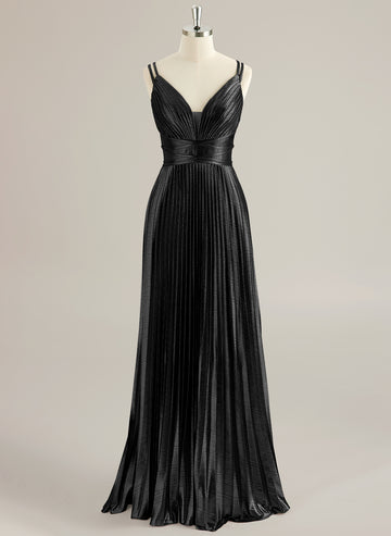 A-line V-Neck Floor-Length Jersey Prom Dresses With Pleated
