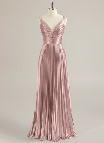 A-line V-Neck Floor-Length Jersey Prom Dresses With Pleated